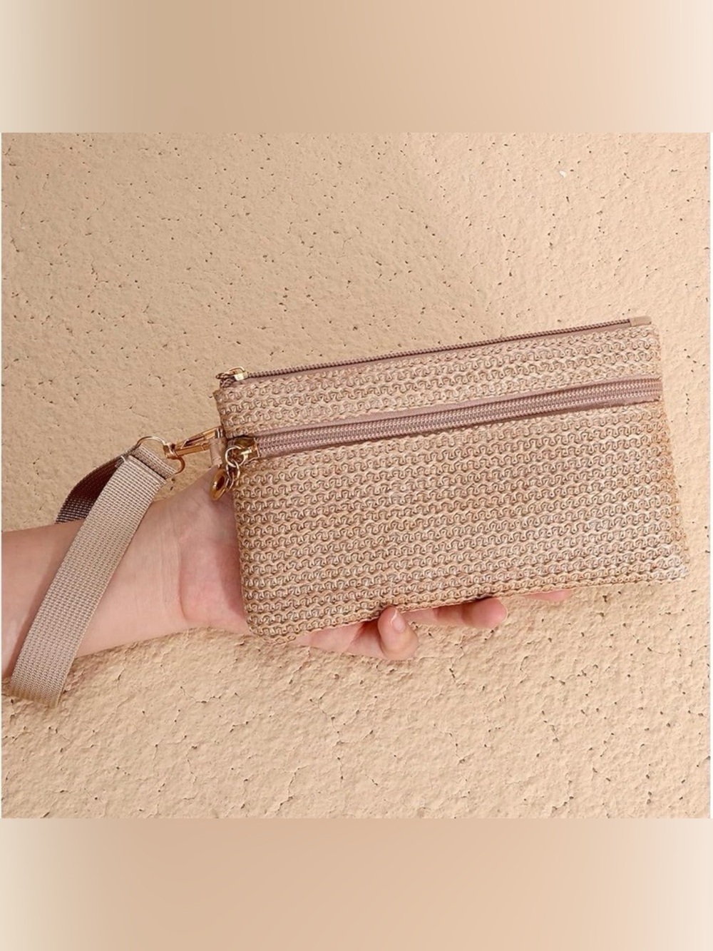 Boho Straw Wristlet Wallet Clutch Beach Vacation Purse Khaki Tan